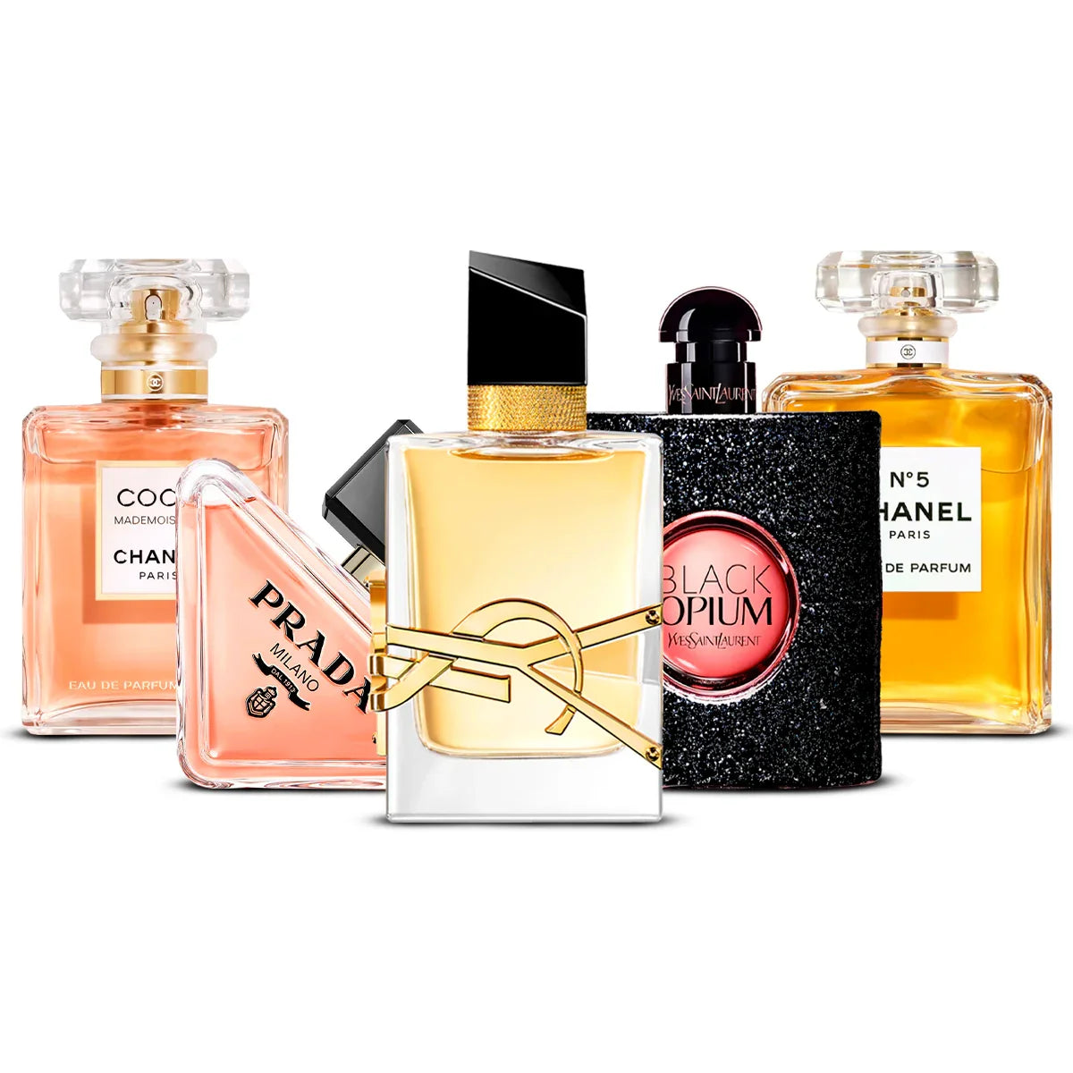Zestaw 5 perfum: Coco Mademoiselle, Paradoxe, Libre, Black Opium, Chanel N°5 100ml