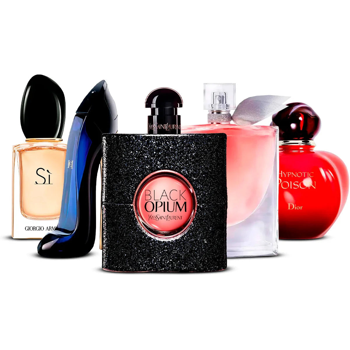 Zestaw 5 perfum: Giorgio Armani Sì, Good Girl, Black Opium, La Vie Est Belle, Hypnotic Poison 100ml